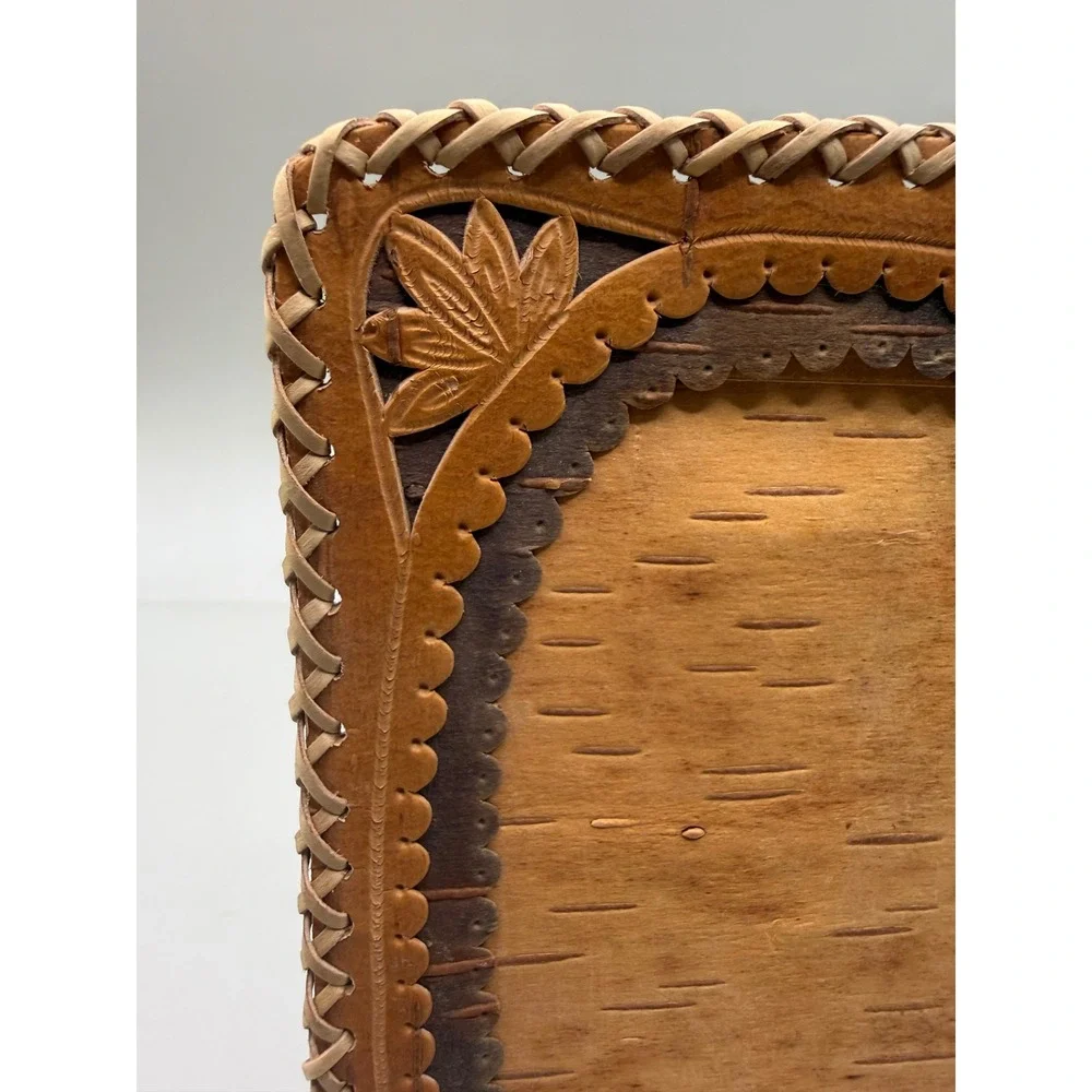 Vintage European MCM Birch Bark Photo Frame Hand Carved Floral 5.5x3.5 Rustic